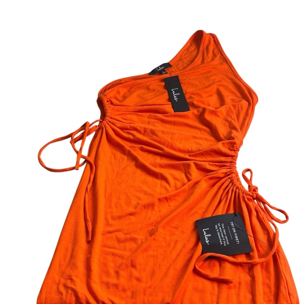 Lulu’s NWT Heat of the Moment Orange Asymmetrical Cut Out Body Con Midi Dress LG - Picture 2 of 12